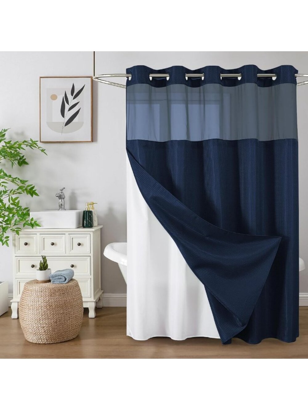 Navy Blue Waffle Shower Curtain Set, No Hook, 72" x 75", Stylish Bathroom Decor